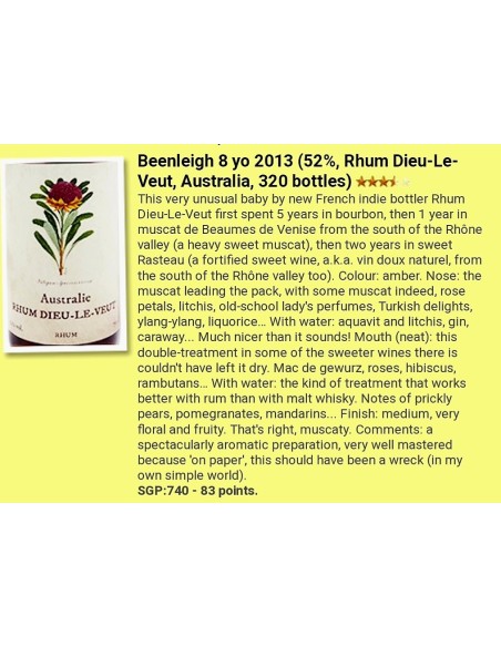 Rhum Dieu-le-Veut Vieux Australie 2013 8 ans 52%