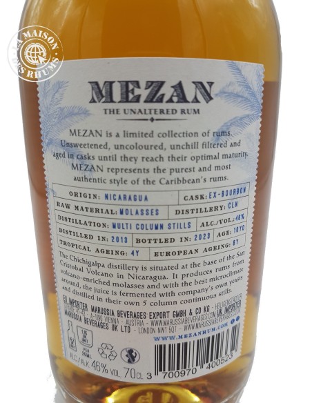 Rhum Mezan Vieux Rum Nicaragua 10 ans Millésime 2013 46%