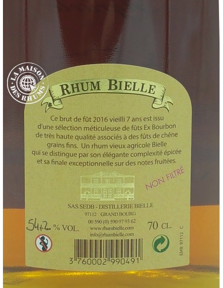 Rhum Bielle Vieux 2016 Brut de Fût 54.2%