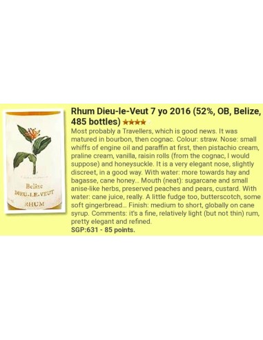 Rhum Dieu-le-Veut Vieux Belize 2016 7 ans 52%