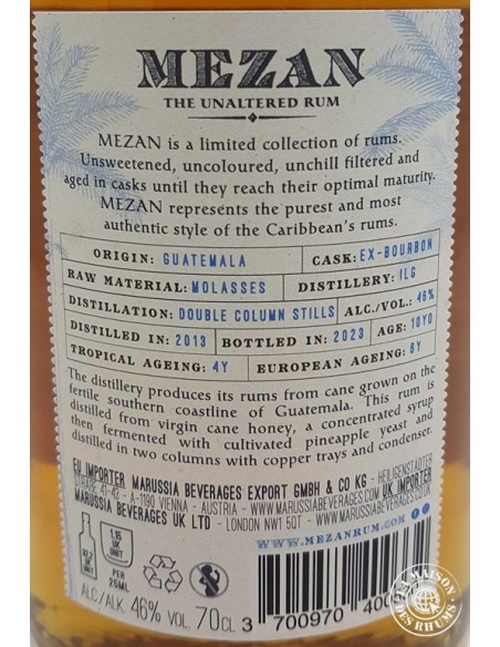 Rhum Mezan Vieux Rum Guatemala Millésime 2013 10 ans 46%