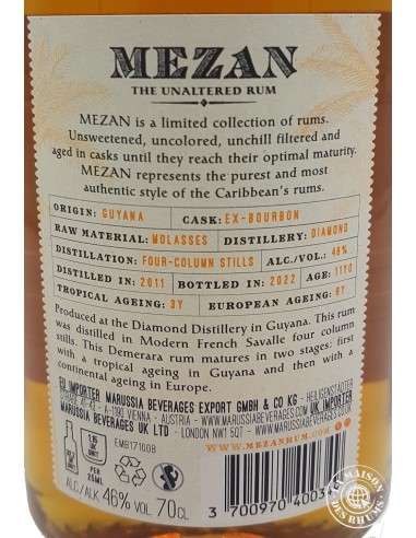 Rhum Mezan Vieux Guyana Millésime 2011 11 ans 46%