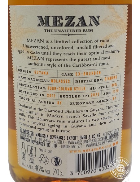 Rhum Mezan Vieux Guyana Millésime 2011 11 ans 46%