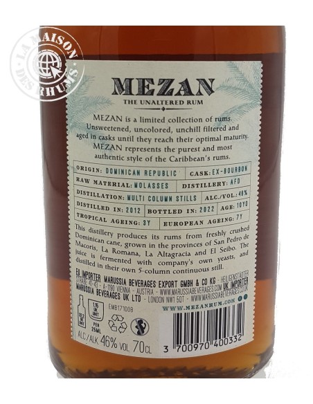 Rhum Mezan Rum Vieux Dominican Republic Millésime 2012 10 ans 46%
