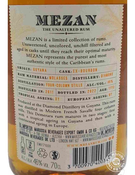 Rhum Mezan Vieux Guyana Millésime 2011 11 ans 46%