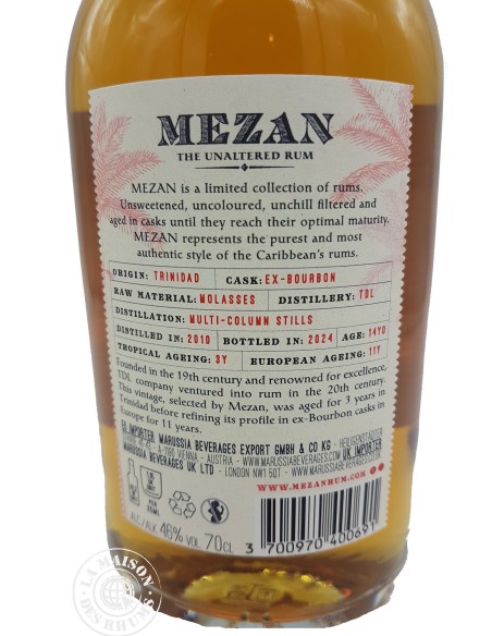 Rhum Mezan Vieux Trinidad Millésime 2010 14 ans 46%