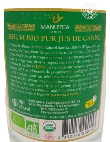 Rhum Manutea Blanc Bio 55%