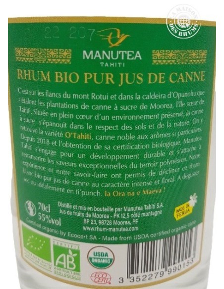 Rhum Manutea Blanc Bio 55%