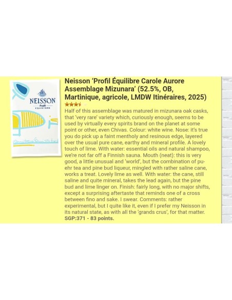 Rhum Neisson Ambré Profil Équilibre Mizunara Carole Aurore 52.5%